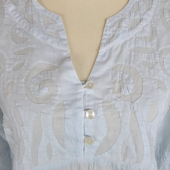 Le Cera Hand Sewed Blue Floral Patchwork Button Beach Cover Up Sheer Tunic Top S - Picture 14 of 15